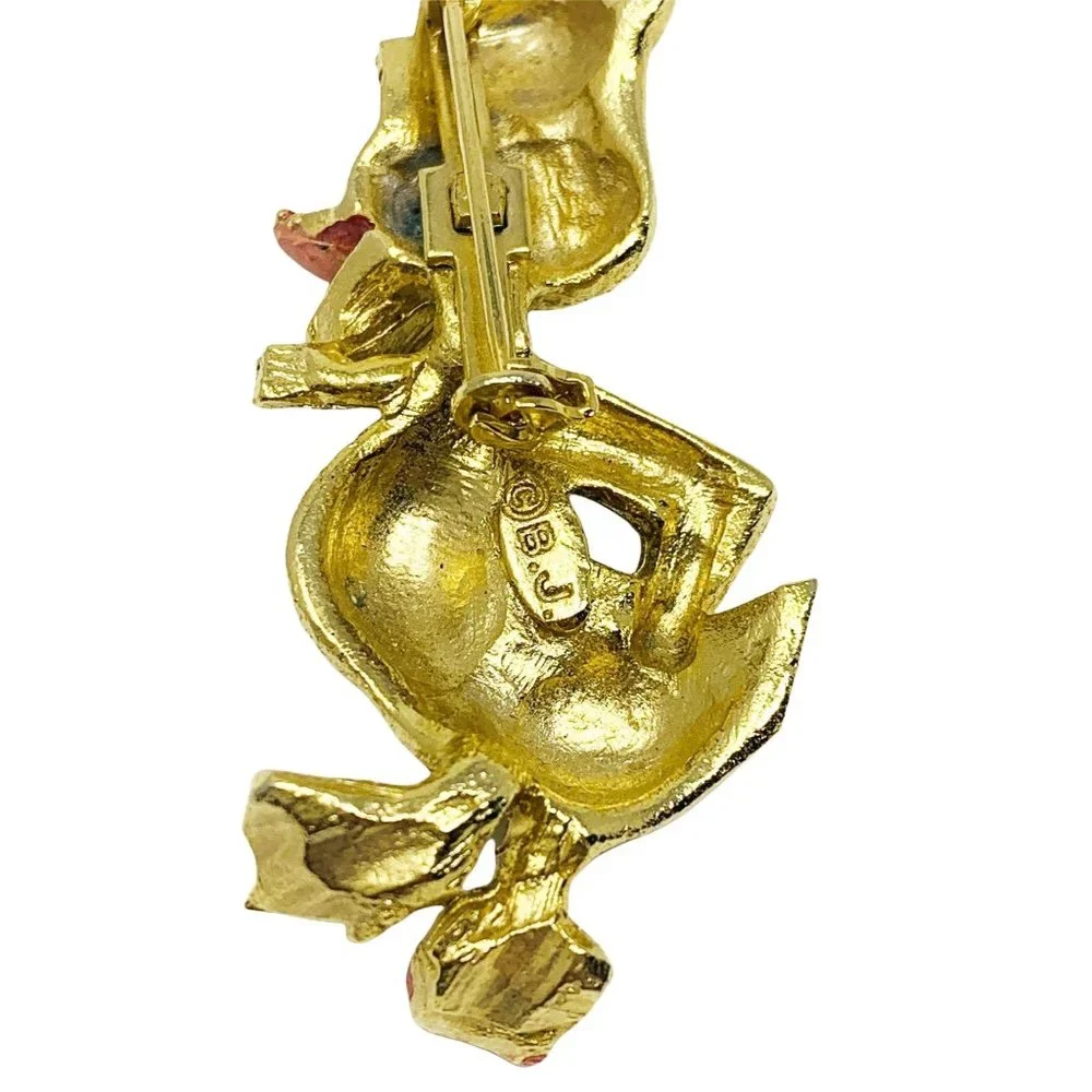 Vintage 1960s Duck Brooch | Gold Blue Rhinestone Eyes B.J. Pin